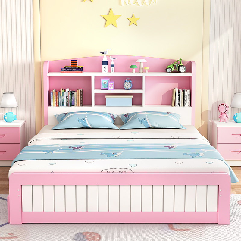 Solid wood Children's bed modern minimalist 1 5m multifunction single bed Economy Type with bookcase Boy girl Princess Bed
