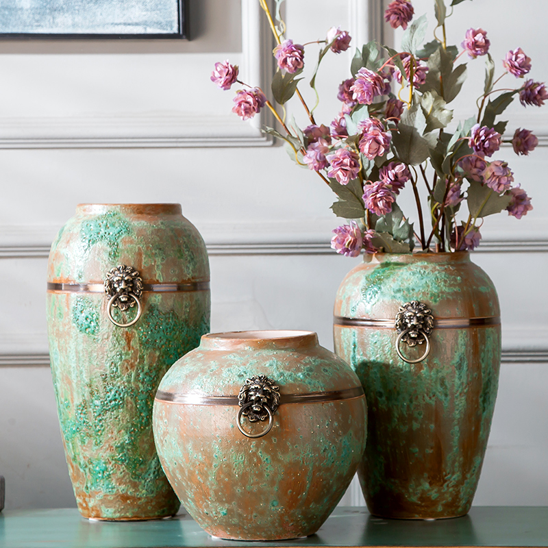 Jingdezhen ceramic floor-to-ceiling vase three-piece set of antique nostalgic stoneware clay pot hotel clubhouse soft decorative vase