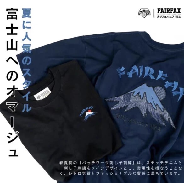 Fairfax New Summer Collection Japanese Mount Fuji Embroidered Short-Sleeve T-Shirt Jacquard Denim Patchwork Overlock Stitching Unisex