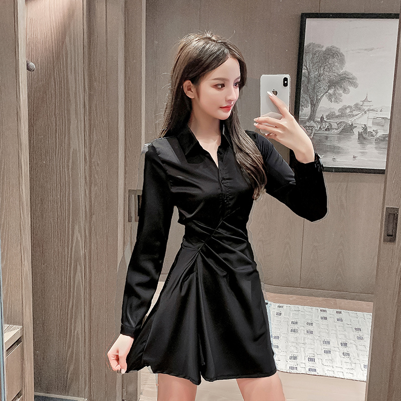 Black High-End Elegant and Stylish Shirt Dress, Spring and Autumn Pure and Chic Waist-Cinching Long-Sleeved A-Line Little Black Dress