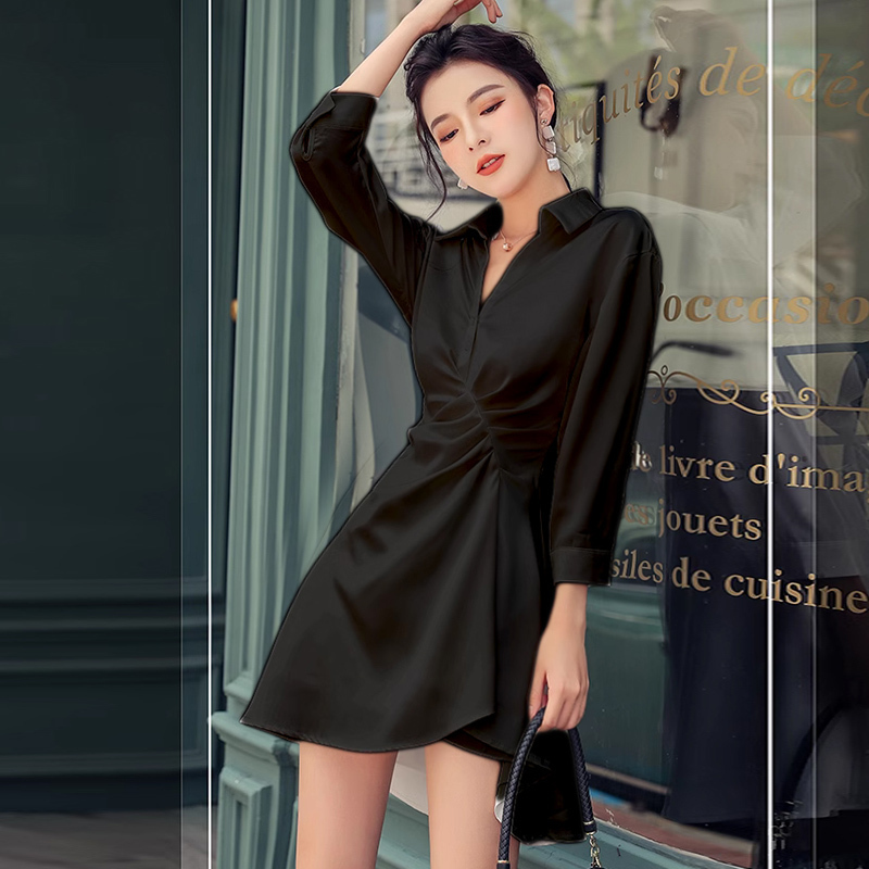 Black High-End Elegant V-Neck Dress for Women, Spring and Autumn, Waist-Cinching, Slimming, Unique Long-Sleeve Satin Shirt Dress