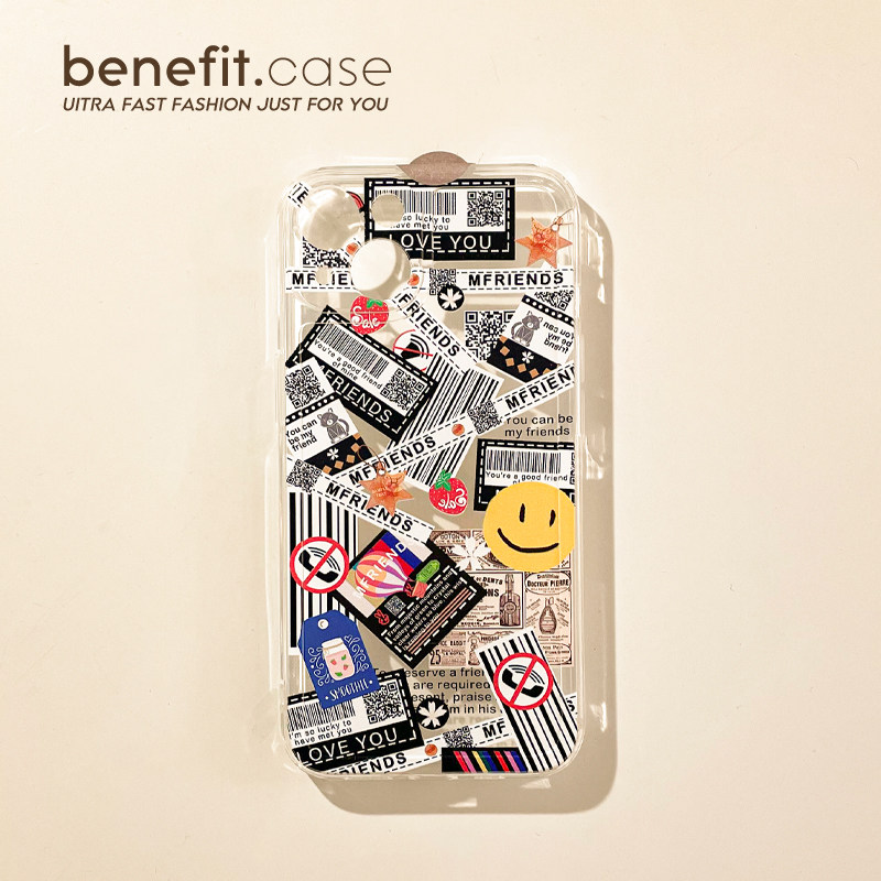 Benefit tide card graffiti smiling face labels apply Apple 13promax mobile phone protection shell cute iphone12mini soft silicone xsmax transparent xr Japan-ROK