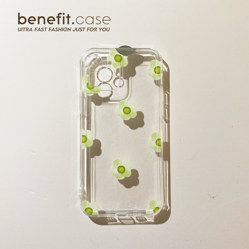 Benefit Transparent Wind Watercolor Green Flowers apply Apple 13promax anti-fall mobile phone protection shell iphone12mini protective sleeve xsmax personality xr