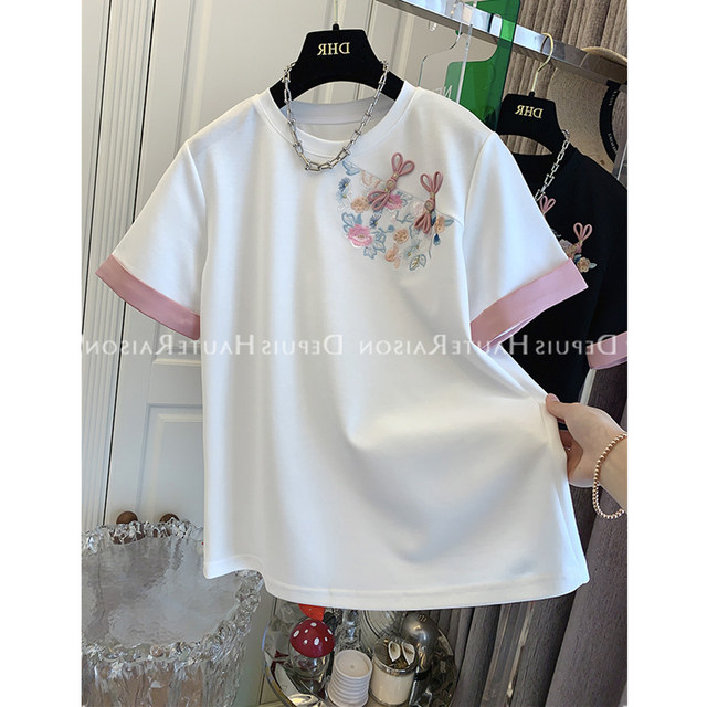 Extra large size 300 Jin Jin equals 0.5 kg Chinese style heavy industry embroidery contrasting color T-shirt
