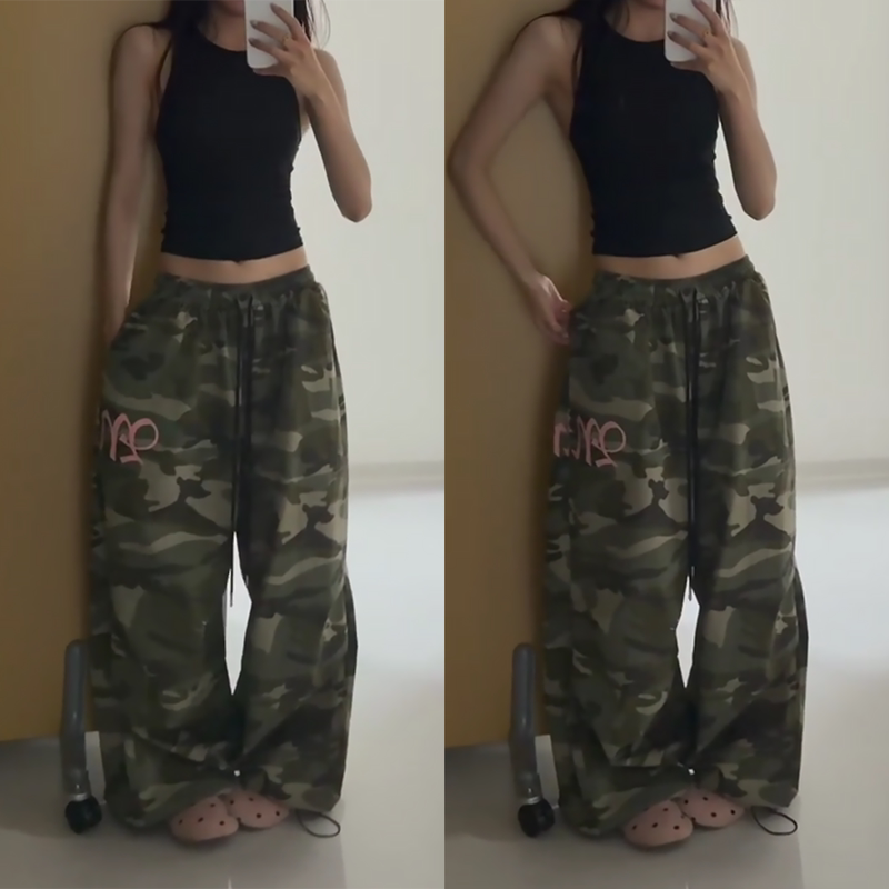 American Retro Camouflage Wide-Leg Pants for Women, Loose and Versatile Casual Long Pants, Sports Pants, Street Dance Trendy Brand Slimming Cargo Pants