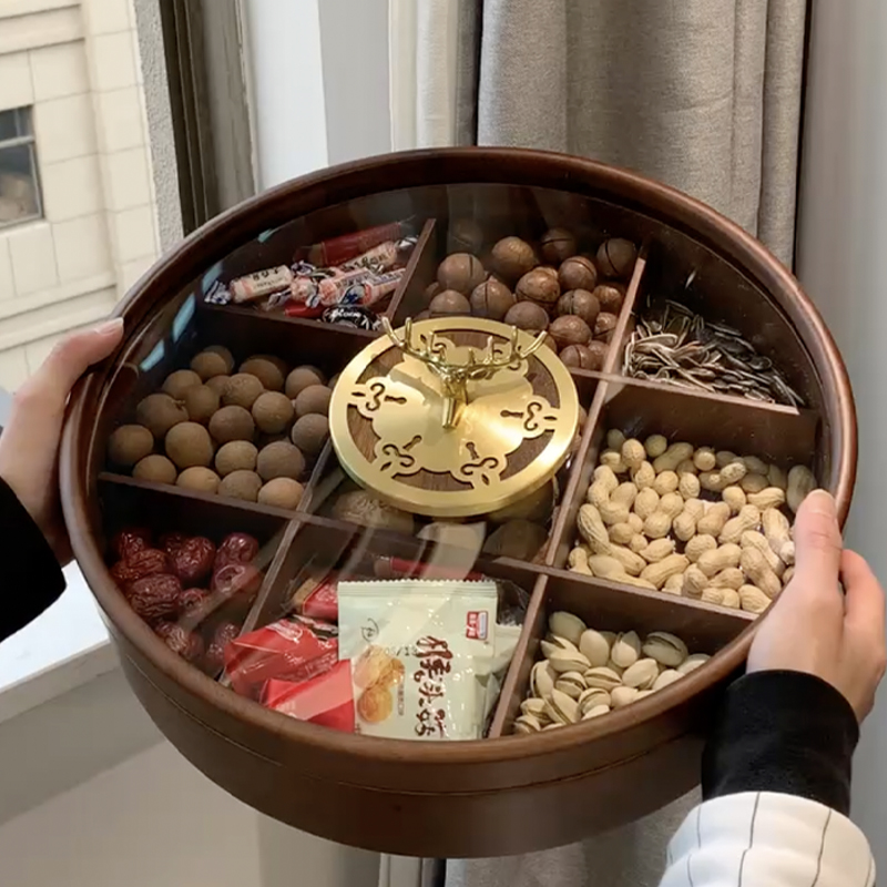 Jo Relocation Net Red burst fruit tray New Chinese solid wood New Chinese New Year's living room New fruit box Jiugong Dry Fruit Pan-Taobao