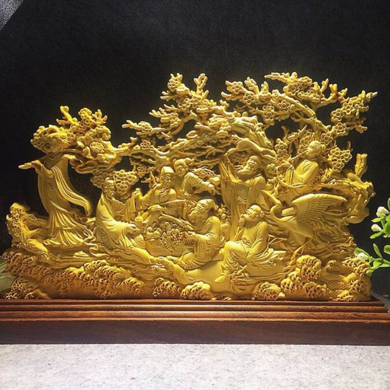 Boxwood Carving Eight Immortals Crossing the Sea Hollow Fine Carving Ornament Desk Living Room Home Antique Frame Decoration Craft