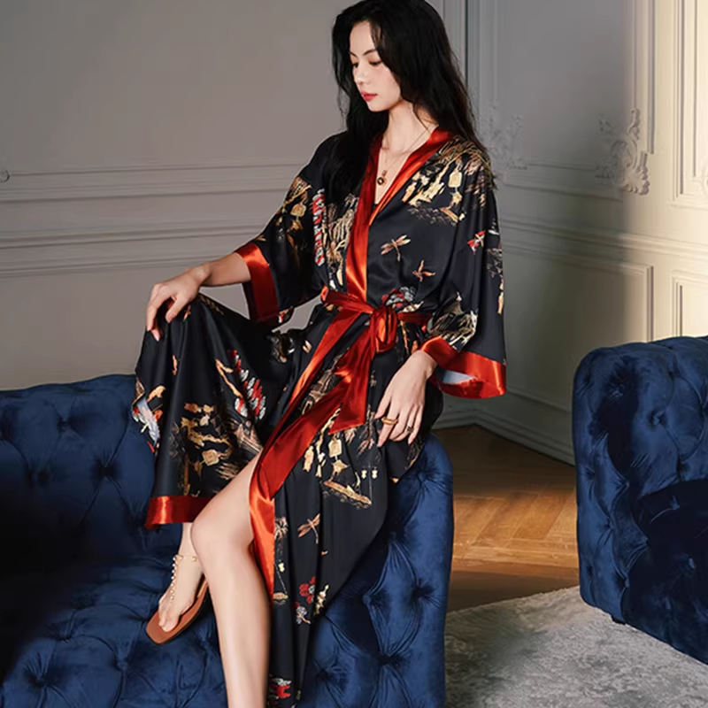 Victoria's Silk Nightgown for Women, Spring, Autumn, and Summer, Sexy Silk Sleepwear, High-End Dressing Gown, Long Silk Bathrobe