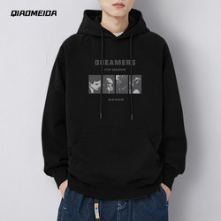 Hong Kong Style Hooded Sweatshirt for Men, Autumn and Winter, Fleece-Lined, Unique Design, Niche American Trendy Brand, Black Versatile Jacket, Loose Fit, Trendy