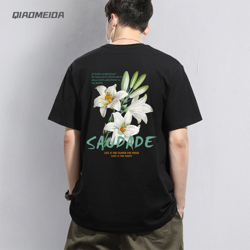 2026 New Pure Cotton Short-Sleeved T-Shirt with Unique Original Design for Summer, Featuring a Lily Flower Pattern on the Back, Trendy Half-Sleeve for Both Men and Women