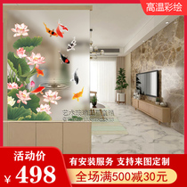 Art glass custom screen aisle partition living room double-sided frosted transparent painted new lotus fish