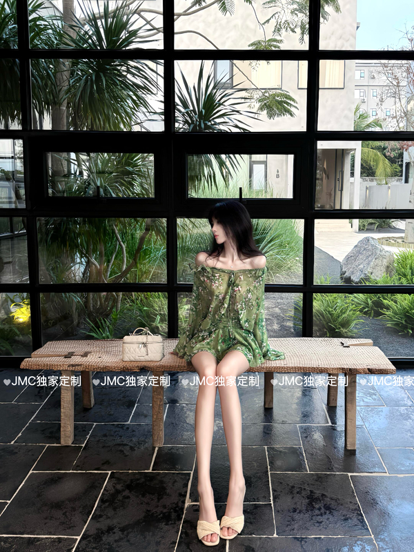 Jmc'Nyx Bespoke Green Floral Dress with Ruffles, Waist-Cinching, Off-Shoulder Short Dress for Women