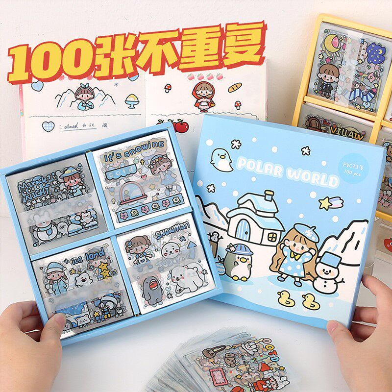 100 sheets of soft and soft handbooks Sticker Gift Box Sets of Pet Transparent Pet Waterproof Children Girls Cute Teenage Hearts Hands Ledger Material Cheap Cartoon Day Series Water Glasses Stickless Cane Ben No Mark