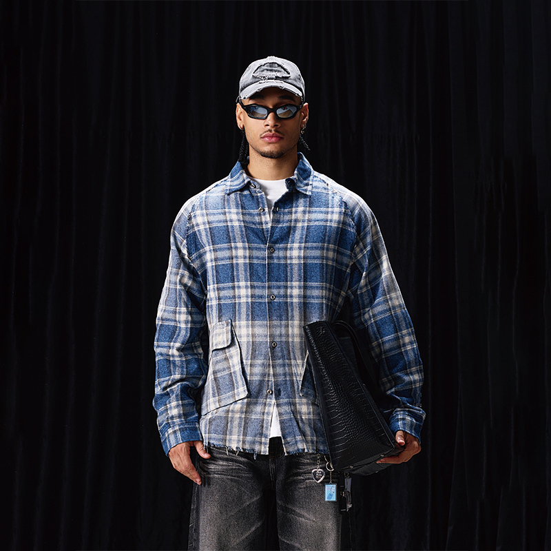 Labt Washed Beard-Retaining Structure Shirt, New Autumn Blue Flannel Plaid Shirt with Spray Horsehair Distressed Design