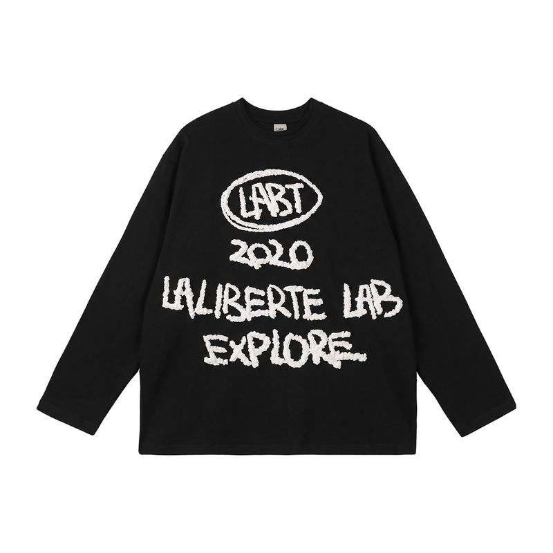 Labt Foam-Printed Long-Sleeve T-Shirt with Pure Cotton Embossed Texture, Distressed, Breathable, Comfortable, Vintage Style for Spring and Autumn