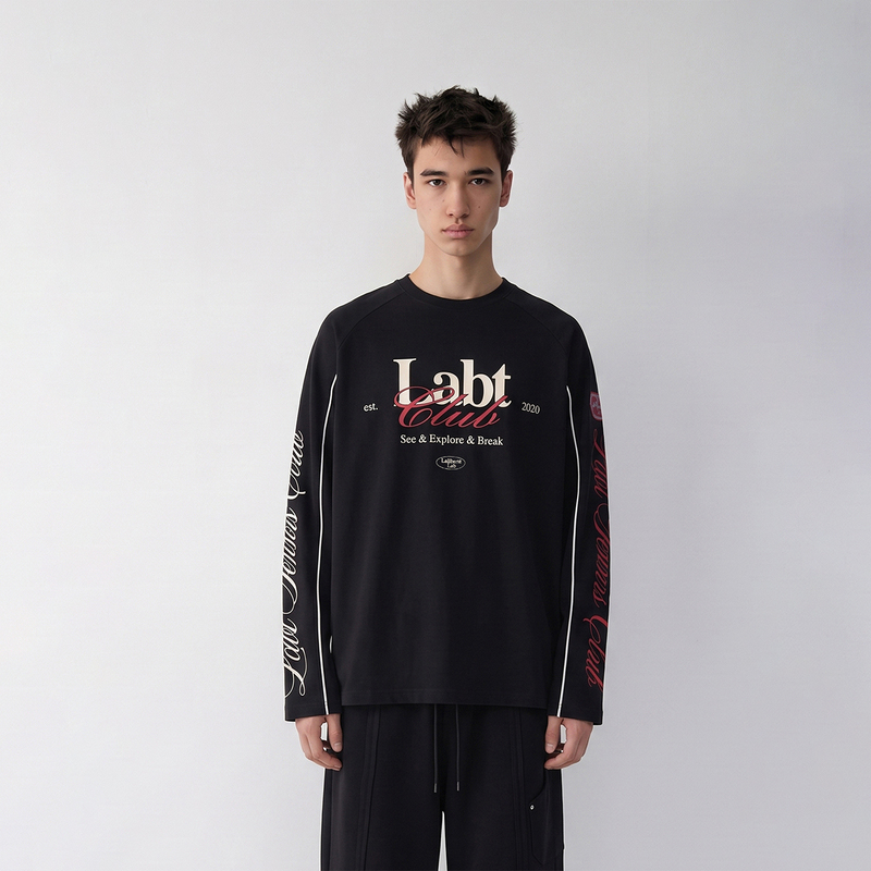 Labt Tennis Series Retro Print Raglan Sleeve Round Neck Long T-Shirt Pure Cotton Splicing Breathable Mesh Versatile Long Sleeve