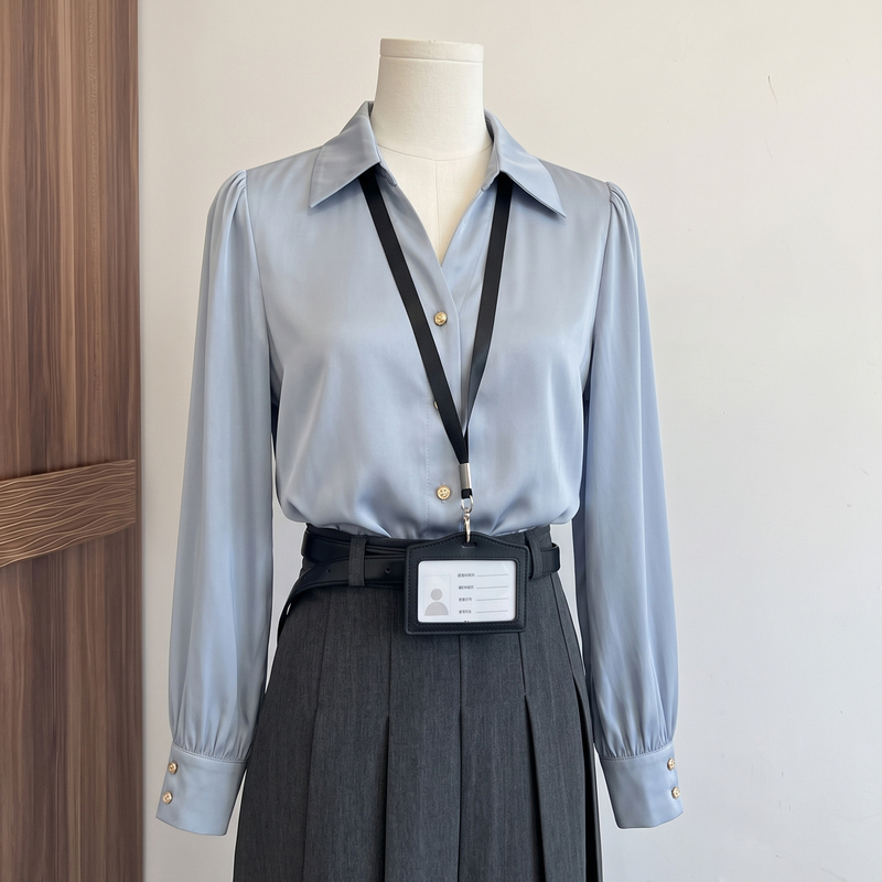 Blue Satin V-Neck Shirt for Women, Autumn Professional Work Attire, Elegant Lapel Shirt, High-End Inner Wear Top
