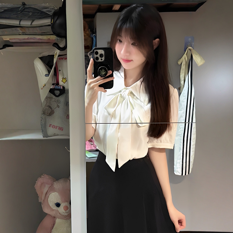 White Short-Sleeved Shirt for Women, Summer Work Attire, Professional Formal Wear, Interview Suit, Teaching Staff Defense Outfit, Elegant Ribbon Top