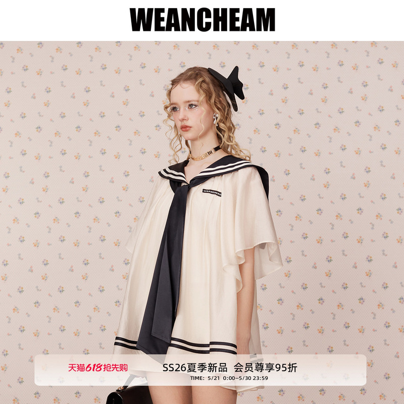 Weancheam 2026 Summer New Style Preppy Navy Collar Dress for Women, Slimming A-Line Acetate Dress