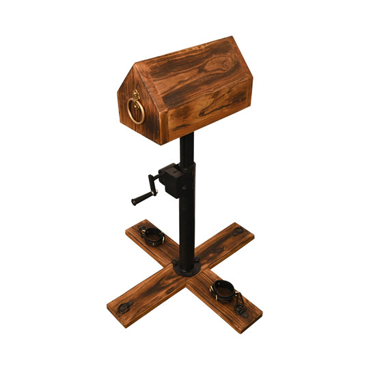 House-Shaped Wooden Horse Riding Frame Sm Training Device for Female Abuse, Adjustable Height, Cross-Shaped Wooden Base, Foot Cuffs for Restraint