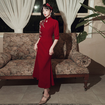 Chinese cheongsam toast bride 2021 new spring and autumn wedding dress long back engagement dress female stand collar