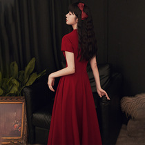 Toast Bride 2021 New Spring and Autumn Wedding Dress Long Wine Satin Engagement Dress V-Collar