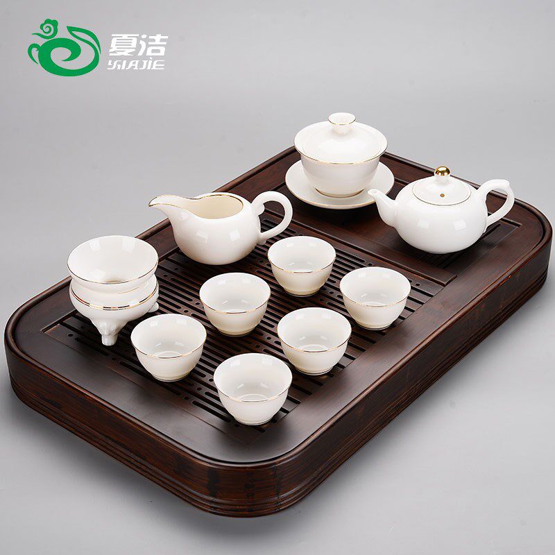 Shea Butter Jade White Porcelain Kongfu Tea Tray Tea Tray Tea Dish Suit Home Office Will Living-room Solid Wood Tea Tea Table