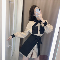 (Pet powder welfare) Hepburn style French autumn striped long sleeve dress two-piece 2021 New shirt skirt