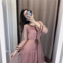 (Pet powder welfare) gentle wind Long Sleeve V collar mesh dress female 2021 new summer waist thin temperament