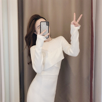 French white knit dress 2021 new autumn long sleeve design sense niche slim slim body slim figure hip skirt
