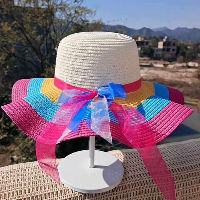 Straw hat women's summer sun protection hat beach hat seaside casual vacation fashion sun hat folding big edge rainbow hat