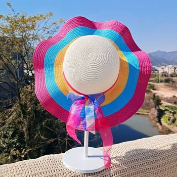 Straw hat women's summer sun protection hat beach hat seaside casual vacation fashion sun hat folding big edge rainbow hat