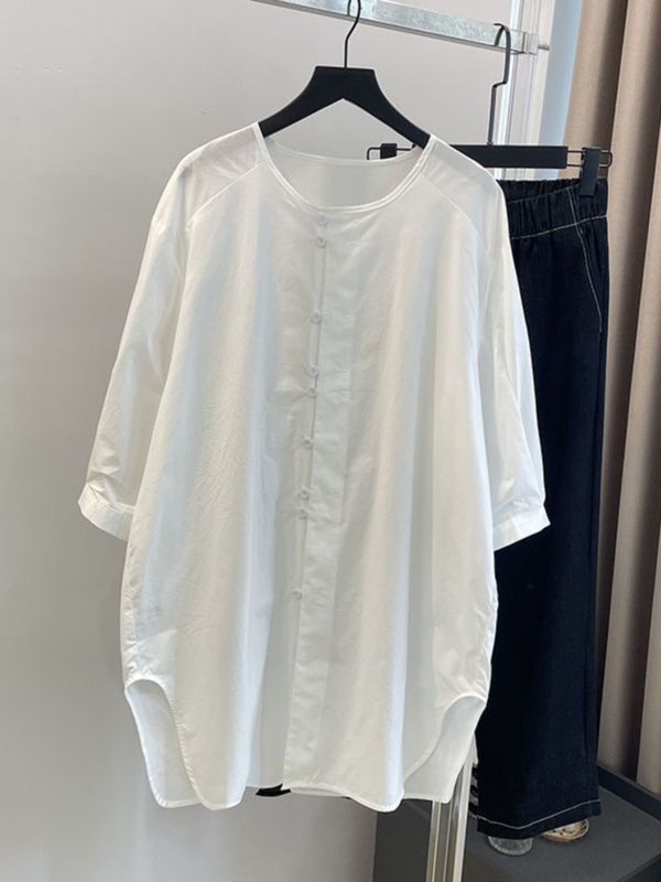 Extra Large Size 150kg Plus-Size Mid-Length Over-The-Hip Shirt Women's Loose Summer Shirt Dress Round Neck White Shirt 2 Extra Large Size 150kg Plus-Size Mid-Length Over-The-Hip Shirt Women's Loose Summer Shirt Dress Round Neck White Shirt 2