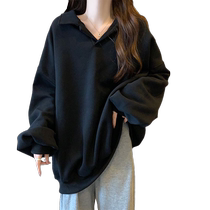 Plus size womens American loose long-sleeved lapel sweatshirt for women in autumn and winter fat mm 300 pounds oversize slim top