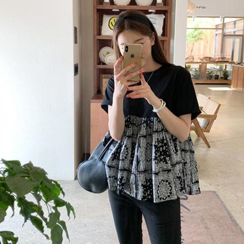 Plus-Size Women's Extra-Large Size 150kg Short-Sleeved T-Shirt with Ruffled Hem, Summer Blouse, Puffy A-Line Babydoll Top 2