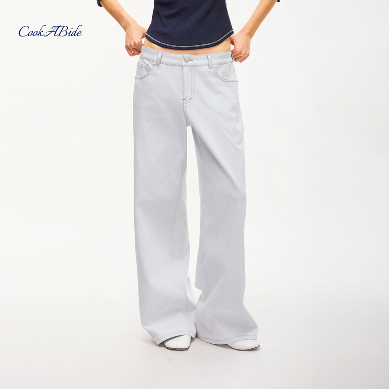 Cookabide Mid-Low-Rise Chalk Blue Wide-Leg Straight Jeans Cookabide Mid-Low-Rise Chalk Blue Wide-Leg Straight Jeans