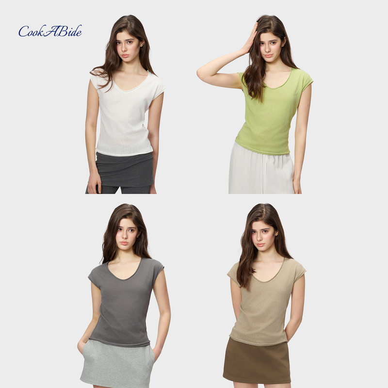 Cookabide Bamboo Cotton Slightly Loose V-Neck Rolled Edge Short-Sleeved T-Shirt