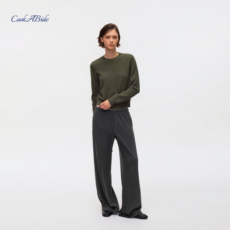 Cookabide Relaxed Drawstring Knit Soft Mid-Rise Straight-Leg Pants