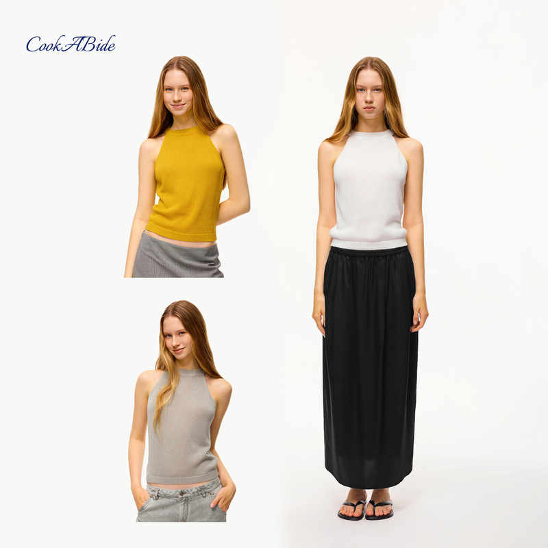 Cookabide Ramie Halter Neck Knitted Short Slim-Fit Vest Top Cookabide Ramie Halter Neck Knitted Short Slim-Fit Vest Top