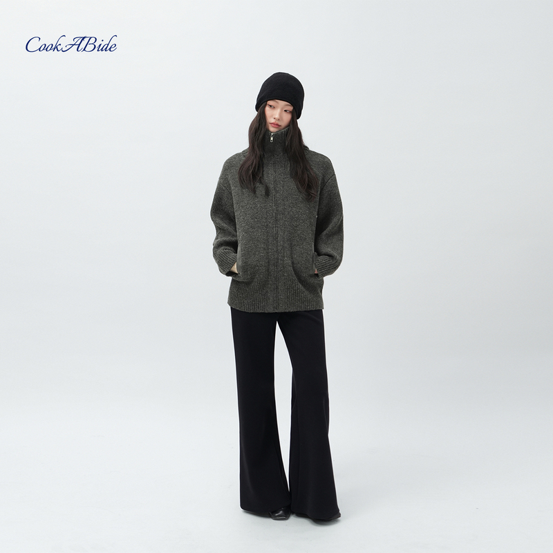 Cookabide Thick Mink Velvet Patchwork Suede Pocket High-Neck Zipper Knit Jacket