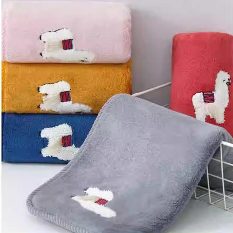 Coral Fleece Towel with Alpaca Embroidery, Non-Pure Cotton, Large Size Children's Towel for Face Washing, Home Use, Embroidered, Soft, Absorbent, Cartoon Design