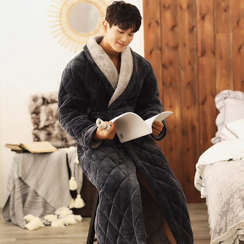 Triple laminated cotton sleeping robe men's long style winter thickening plus suede men's ultra-thick coral suede pyjamas home for the morning robe or