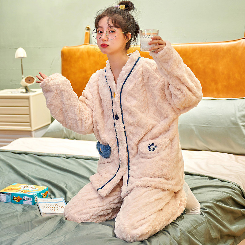 Coral Suede Pajamas Woman Autumn Clothing winter plus suede thickened Warm Long Sleeve Cardiovert Flannel Velvet Briefs home Suits Suit