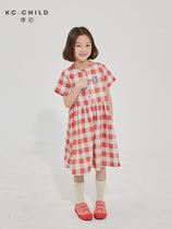 A beginner dress 2022 summer girl plaid dress with dress child retro-hit color round collar loose art playful dress