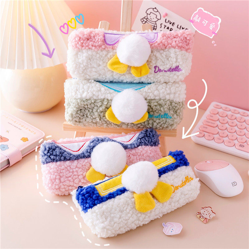 Cute girl heart plush three-dimensional tail plush pencil bag large capacity stationery box pencil bag ins Wind storage bag