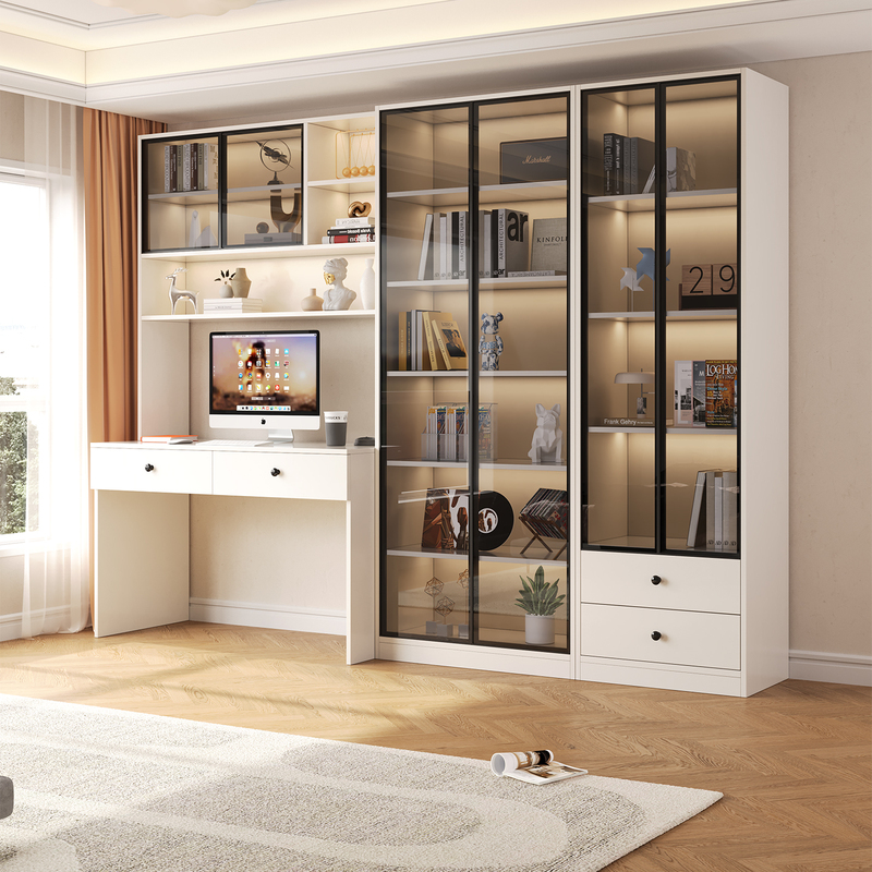 Desk and Bookshelf Integrated Against the Wall, Light Luxury Writing Desk with Bookcase Combination, Modern Minimalist Home Office Computer Desk