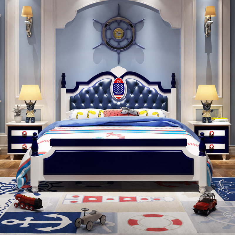 European-style Children's Bed Boy Single Beds 1 2 m Solid Wood Children Furniture Combination Blue Boy Bed Minimalist modern