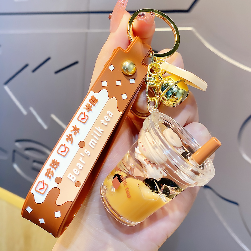 Oil-Filled Floating Bottle Bear Liquid Tea Cup Bubble Tea Pendant Drink Couple Keychain Exquisite for Women