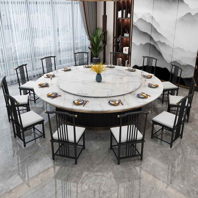 Electric big round table imitation marble bale box folk hotpot table automatic turntable villa round 15 people 20 people light lavish