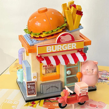 Lego Compatible Lulu Pig Street Scene Burger Shop Flower Shop Canned Pig Building Blocks Children's Toys Gift Puzzle